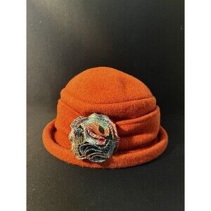 Vintage Scala Handmade Orange Wool Cloche Hat w/ Fabric Rosette Accent